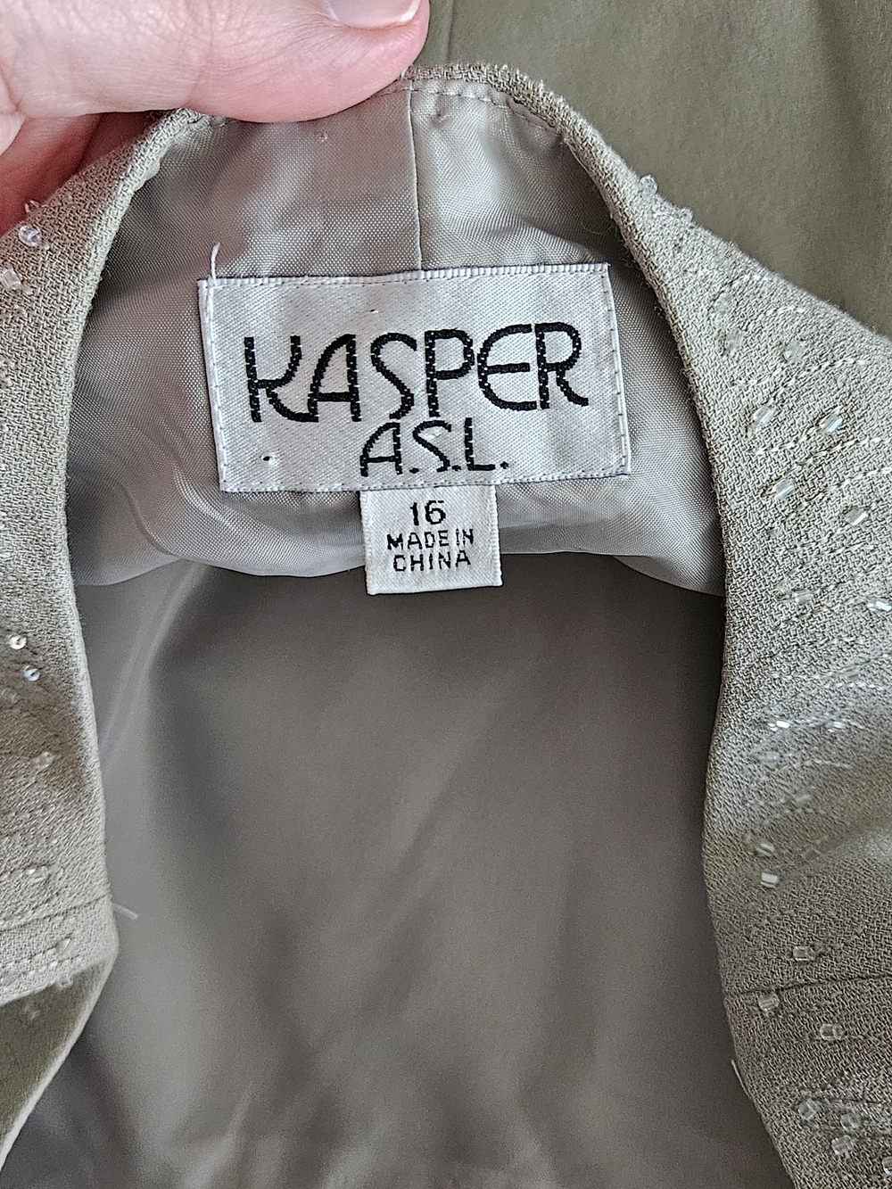Kasper Women’s Sage Green 3 Pc Suit. Has Small Beaded Detail. Coat, Top & Skirt - Picture 3 of 16